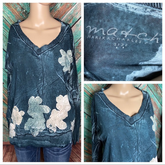 Marika Charles Washed Blue Distressed Floral Print Ling Sleeved V Neck Tee - Picture 3 of 7